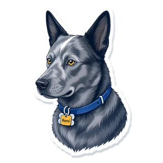 Illustrated sticker of Remi, a blue-speckled heeler