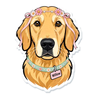 Illustrated sticker of Willow, a golden retriever wearing a flower crown