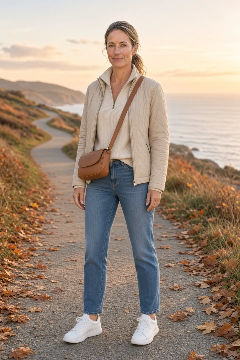 SI-generated illustration (not a photo) of Tess Harbour wearing a cream quilted jacket over a cream quarter-zip sweater, medium-wash straight jeans, white sneakers and a nutmeg leather crossbody, on a coastal autumn path at golden hour.