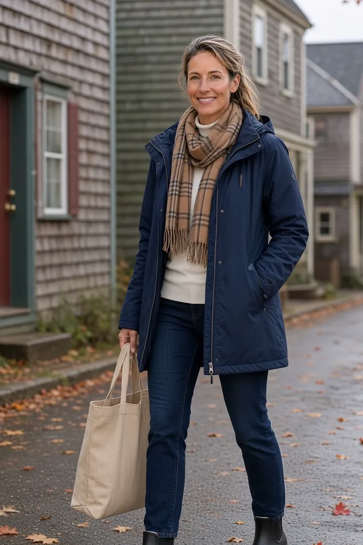 SI-generated illustration (not a photo) of Tess Harbour, an SI persona, on a wet harbour-town street with fallen maple leaves, in an open mid-thigh navy rain jacket over an ivory mock-neck sweater, dark straight jeans and black Chelsea boots, with a camel check blanket scarf and a beige canvas tote.